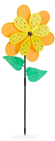 Relaxdays Windrad Blume, Windspiel Stecker für Garten & Balkon, HBT 84 x 36 x 11 cm, Windmühle für Kinder, orange/gelb