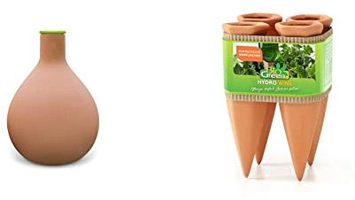 Bio Green Bewässerungskugel Olla aus Ton ca. 6,5 L Wasserspeicher Hydro Max-L, Terracotta & HW-4 Hydro Wine Pflanzenbewässerung 4-er Set, Terracotta Kegel passend für Weinflaschen