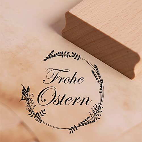 Dekolando Motivstempel Frohe Ostern - Vintage Kranz Schmetterling Stempel Holzstempel Osterstempel - Abdruck 48 x 48 mm