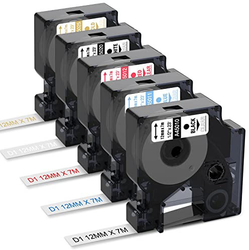 5x Kompatibel mit Dymo D1 Etikettenband Transaprent 12mm x 7m Kompatibel mit Dymo LabelManager 160 LM280 360 420P, 45010 45011 45012 45020 45025, Schwarz/Blau/Rot/Weiß/Gold