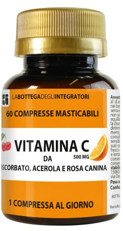 Vitamina C da Ascorbato Acerola e Rosa Canina 60 Compresse Masticabili 1 al dì | Meno Acida | Assorbimento più rapido | Senza Glutine e Lattosio | 500 mg LA BOTTEGA DEGLI INTEGRATORI