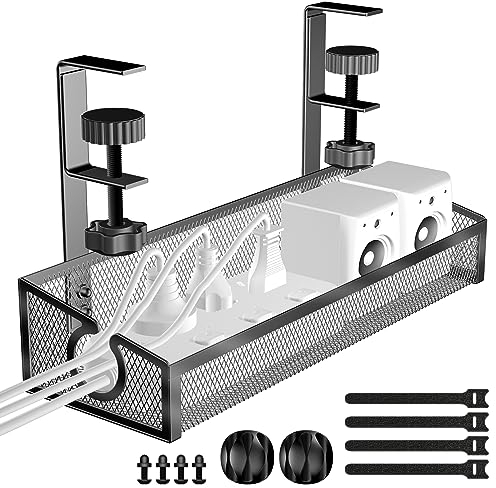 Under Desk Cable Management Tray Black, No Drill Desk Cable Wire Management Organizer with Clamp, PC Cord Organizer Accessories & Workspace for Office, Home