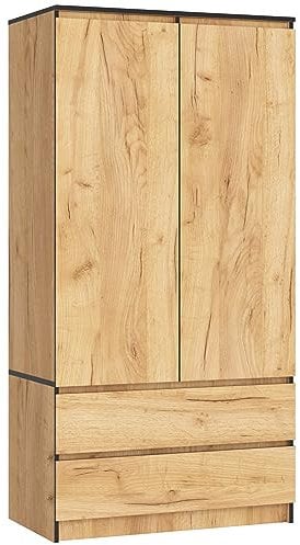 AKORD Zweitüriger Kleiderschrank S 90 cm 2 Schubladen mit Regalen und Einer Kleiderstange für EIN Schlafzimmer Kleiderschränke Minimalistischer Stil Schichtstoffplatte 16 mm | Eiche Craft