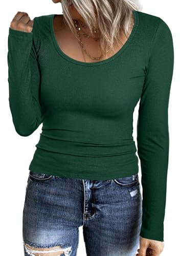 Aottori Basic Tops Women Ribbed Knit Round Neck Long Sleeve T Shirts Ladies Fitted Base Layer Underscrubs Casual Stretch Pullover Tunic Green S