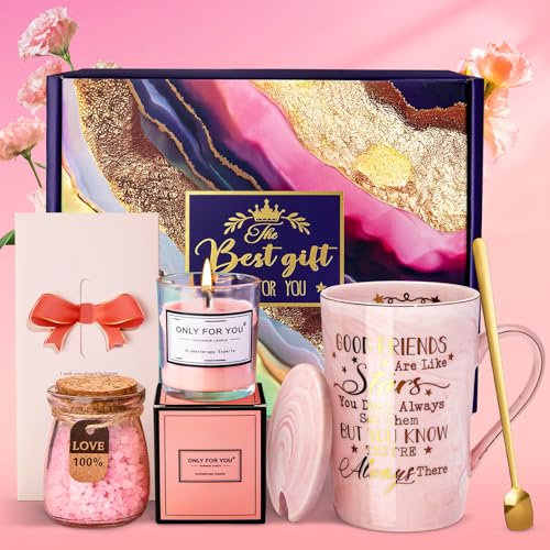 Cadeau d'anniversaire pour meilleure amie, panier de bain relaxant pour femme, cadeau de Noël, bougie parfumée, sels de bain, carte, joli coffret cadeau