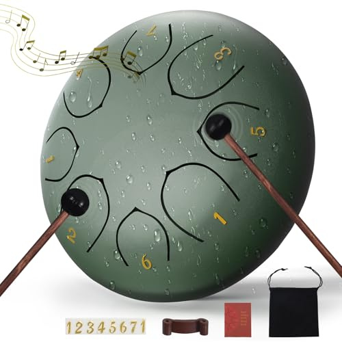 Regentrommel 6 Zoll – Zungentrommel Outdoor für Garten, 8 Töne Steel Tongue Drum für Anfänger & Kinder, inkl. Schlägel, Liederbuch & Tragetasche (Steingrün, 6 Zoll)
