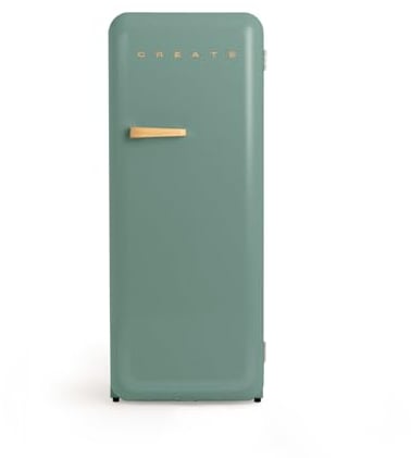 CREATE / RETRO FRIDGE 150 WOOD/Frigorífico verde sage maneta madera con congelador 281L / 102W, bajo consumo, diseño vintage, 150cm, 3 estantes, regulador temperatura, botellero, 60x60x150cm