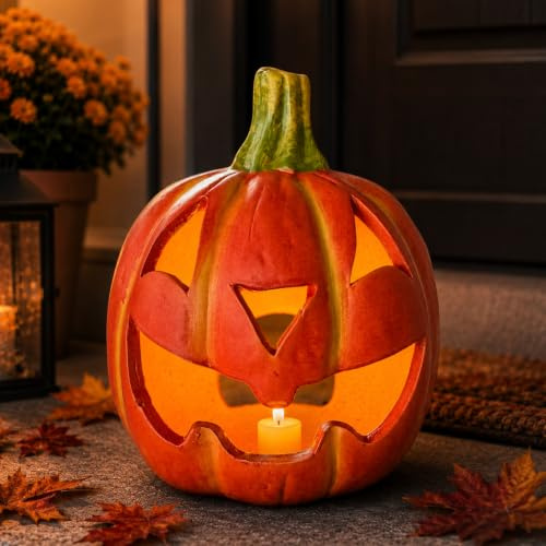Kürbis-Deko Laterne als Halloween-Deko LED Set in 16x17 cm - Jack Lantern Halloween-Kürbis als beleuchtete Outdoor Grusel-Deko - Windlicht als innen Herbst-Deko oder Garten-Deko