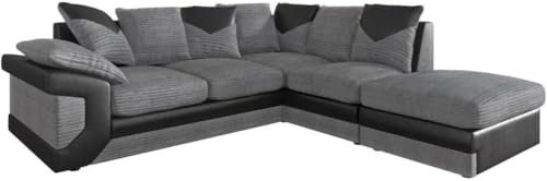 Corner Sofa - Jumbo Cord Sofa in Black and Grey - Modern 3 Seater 2 Seater Suites - 5 Seater Sofa with Chaise for Living Room Lounge Bedroom (Grey Cord Black Leather, Right Hand Facing Corner)