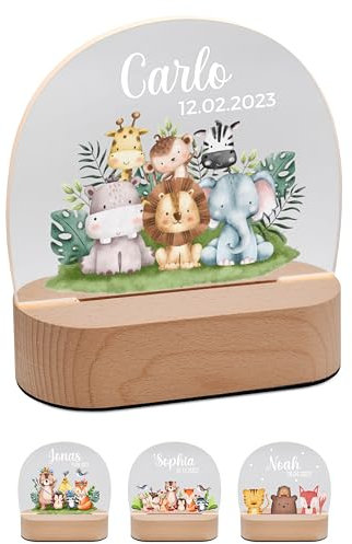 Bärenfreunde® - Personalisiertes Nachtlicht für Babys - Individuelle Nachttischlampe für Kinder - Personalisierte Geschenke Kinder - Babygeschenk - Geschenk zur Geburt (Safari Tierfamilie)