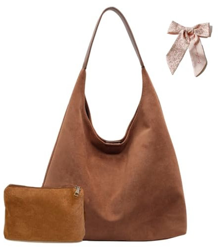 SCOFY FASHION Faux Wildleder Einkaufstasche mit Beutel, Hobo Slouch Bag, Damen Umhängetaschen Retro Damen Hobos Taschen für Reisen Schule College Arbeit (Braun)