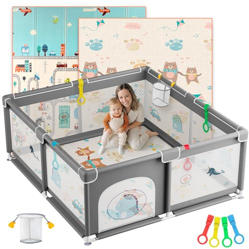 JUPPLIES Parque Infantil Bebe 120x120cm + Alfombra Bebe – Corralito Bebe con Malla Transpirable – Parque de Juegos Bebe Plegable con Puerta Lateral – Playpen Bebe - Gris