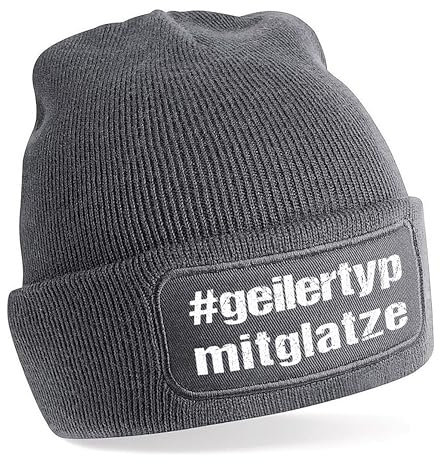 Herzbotschaft Beanie Strickmütze mit Spruch | #geilertypmitglatze - Geiler Typ mit Glatze | grau | Unisex SoftTouch angenehm weiche und warme Wintermütze | OneSize Einheitsgröße für Erwachsene