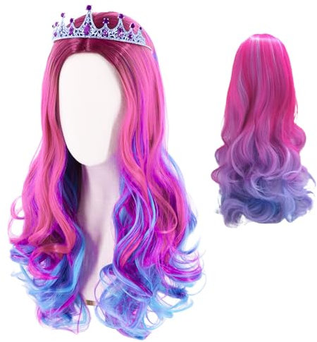 Lila Ombre Rosa Perücke 70cm für Kinder und Frauen - Lang Gewellt Gelockt mit Mittelscheitel für Cosplay Anime Kostüm Karneval Maskerade