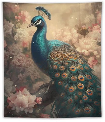 FHESDCW Orientalischer Pfauenmuster-Wandteppich, Heimdekoration, Landschafts-Tapisserie, personalisierbar, lang, vertikal, magischer Wandteppich, Vorhang für Wohnzimmer, Wohnheim