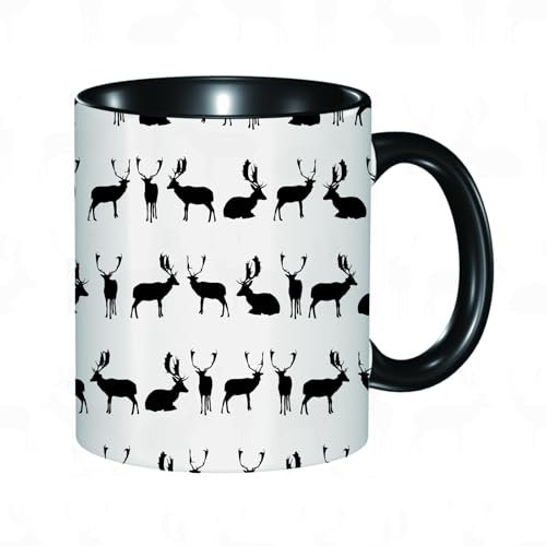 HRRASFAZF Tasse Kaffeetassen,Große 330ml Mit Henkel 100% Handbemalt kaffeebecher porzellan,Hirsch, Damhirsch Sitzen Stehen Gehen Pose Schatten Silhouette Mu1,Frauen,Jahrestag,Muttertag