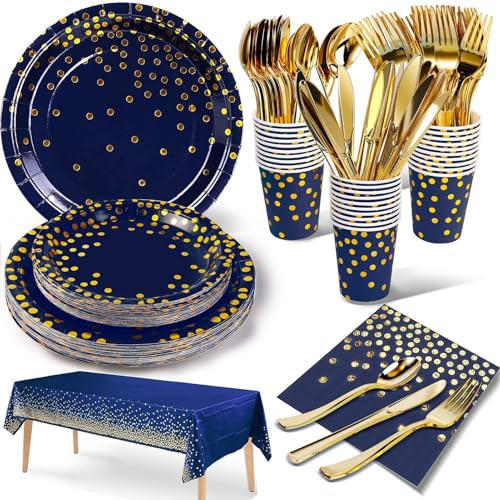 Nkaiso 141 Pcs Navy Blue Gold Party Plates Cups and Napkins Set for 20 | Party Tableware Supplies Set with Paper Plates Napkins Cups for Wedding Shower Engagement Wedding Birthday