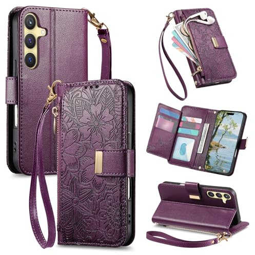 VEEMOS Handyhülle für Samsung Galaxy S24 5G Hülle Klappbar Leder Klapphülle mit Reißverschluss Kartenfächern Ständer Band Blumen Prägung Schutzhülle Damen Wallet Flip Case - Lila