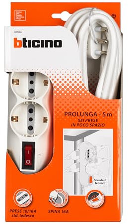 BTICINO Ciabatta Multipresa Slot 3696DB5, Multipresa Elettrica 6 Posti, 2 Prese Schuko Standard Tedesco, 4 Prese Bipasso Bivalenti 10/16A, Presa Multipla con Interruttore, Spina Grande 16A, Cavo 5mt
