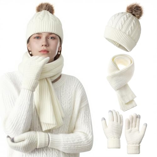 NHTJTHE mütze, schal & handschuh-sets für damen,Damen Mütze Schal und Touchscreen Handschuhe Set,Warme Kuschelige Schal Winterset