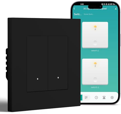 BSEED Smart Zigbee Interruptor 2 Gang 1 Vía Compatible con Alexa y Google Home,Smart Interruptor Marco de PC con Función de Temporizador(Requiere Gateway Hub y Cable Neutro),Negro