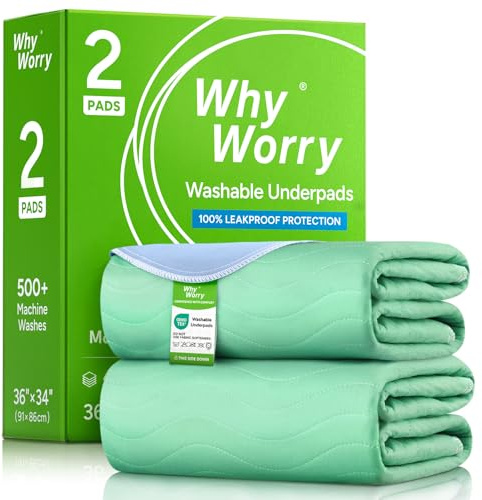 2 x WhyWorry Washable Incontinence Bed Sheets, 86x91 cm, Single Bed, Green | Waterproof Bed Wetting Mats for Adults, Reusable Bed Pads, Pee Pads, Mattress Protectors, Maximum Absorbency