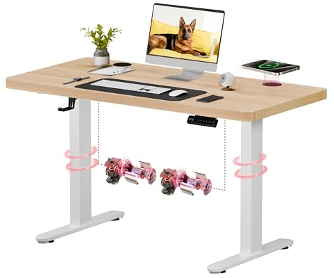 SANODESK Höhenverstellbarer Schreibtisch mit kabelloser Ladefunktion & Dualmotor, kompakt 110x54 cm Stabiler Elektrischer Steh-Sitz Schreibtisch (Ahorn)