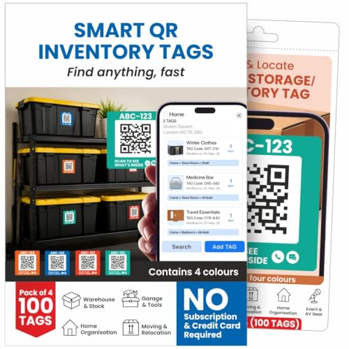 Letstrack 100Pcs in 4 Colours QR Smart Inventory Tags | Alexa Voice Search Scan Storage Stickers, Durable Color QR Coded Labels for Moving Parcel Boxes, Self Storage Bins, Home Office Garage Loft Use
