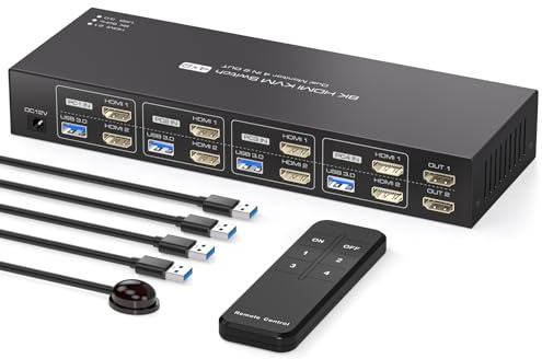 PVBCTCSID 8K HDMI KVM Switch 4 Computers 4K144Hz EDID 4 Port KVM for 4 PC Sharing Dual Monitor and 4 USB 3.0 Devices with Remote Control
