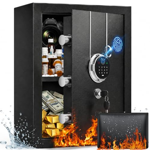 55L Feuerfester Tresor für Zuhause, Großer Möbeltresor aus Stahl mit Elektronischem Zahlenschloss, Fingerabdrucköffnung und Alarmfunktion, Safes für Schmuck Dokumente Geld