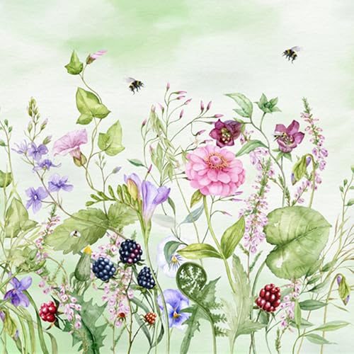 ti-flair Servietten Papier 33x33cm 3-lagig 20 Stück - nachhaltig & hochwertig - Einweg Frühlingsservietten mit Sommerwiese Blumen, Bienen & Beeren Motiv - Papierservietten für Frühling Tischdeko