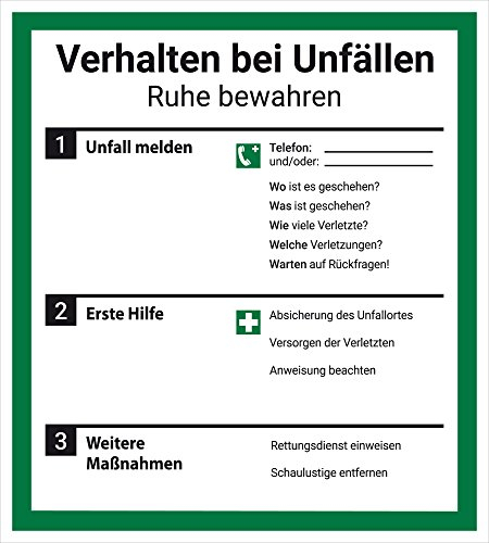 Schild Aushang Verhalten bei Unfällen, 18x20cm, mit UV-Schutz, PVC-Aufkleber, ISO 7010, Unfall Betriebsaushang Dreifke®