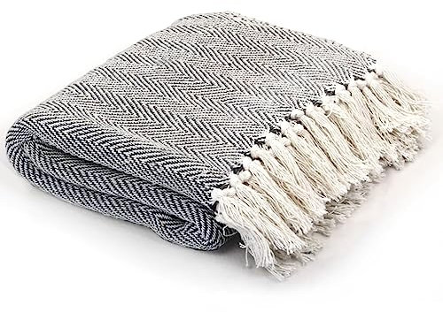 vidaXL Überwurf Baumwolle Fischgrätmuster 160x210cm Marineblau Tagesdecke