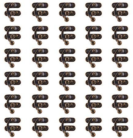 INCREWAY 30 Packung Antik Linke Verriegelung Schnalle Haken Sie Haspe Mit 120 Stück Schrauben, Dekorativ Schublade Kabinett Schmuck Holzschatulle Box Truhe Haspe Fang Sperren Schließe, Bronzeton