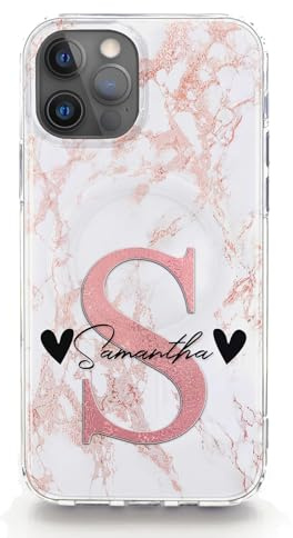 Personalised Initials Phone Case For Apple iPhones, 16, 15, 14,13, 12, 11, Pro Max, Mini, XR, SE Pink Salmon Marble with Pink Initial and 2 Black Heart Name, Marble Print Hard Phone Cover