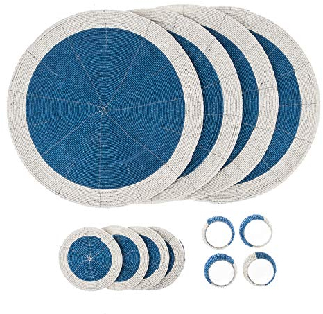 Penguin Home® - Set di 12 tovagliette, sottobicchieri e portatovaglioli con perline in vetro, colore blu e bianco, tovagliette rotonde, realizzate a mano da abili artigiani indiani, diametro 32 cm