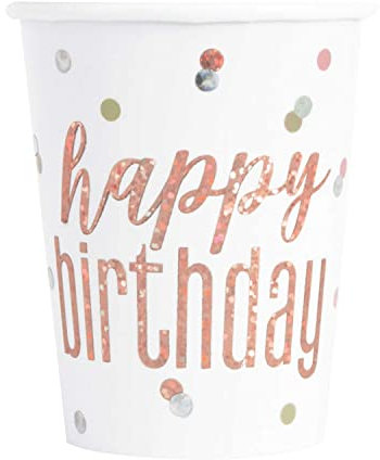 Unique- Gobelets en Carton Fête d'anniversaire à Thème Or Foil Glitz-Paquet de 8, 82245, Rose Gold, Happy Birthday