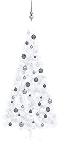 vidaXL Künstlicher Halber Weihnachtsbaum mit LEDs Kugeln Tannenbaum Christbaum Dekobaum Kunstbaum Weihnachten Dekoration Weihnachtsdeko Weiß 210cm