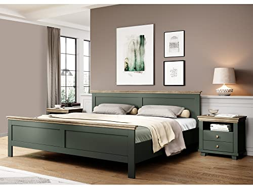 Lomadox Schlafzimmer Landhaus Doppelbett Bettgestell Liegefläche 160 x 200 cm 2 Nachttische grün Eiche