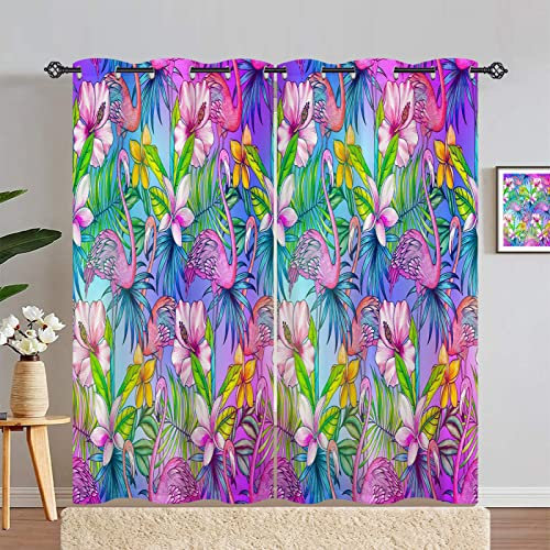 ANHOPE Tropisch Rosa Flamingo Blume Gardinen Blickdichte mit Ösen Kinder Mädchen Thermo Vorhänge Blackout Curtain Vorhang Wohnzimmer Schlafzimmer Verdunklungsvorhänge 2er Set H 229 x B 168 cm
