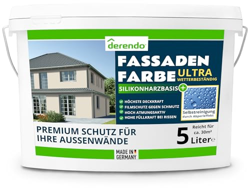 derendo Fassadenfarbe Beige ULTRA Silikonharzfarbe Graubeige aussen 5l | Für Putz Beton, Abperleffekt, wasserabweisend, UV-beständig, hohe Deckkraft, rissfüllend, diffusionsoffen, Made in Germany,