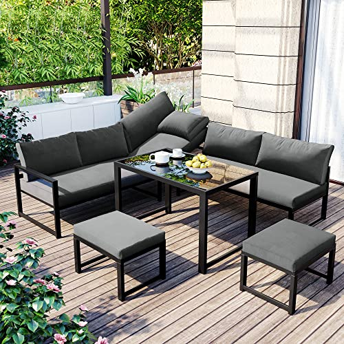 ZYLOYAL10 Aluminium Sitzgruppe für Garten, Balkon und Terrasse, wetterfest, 6-Fach verstellbare Rückenlehne, Tisch mit Sicherheitsglasplatte, inkl. weiche Sitz- und Rückenkissen, grau