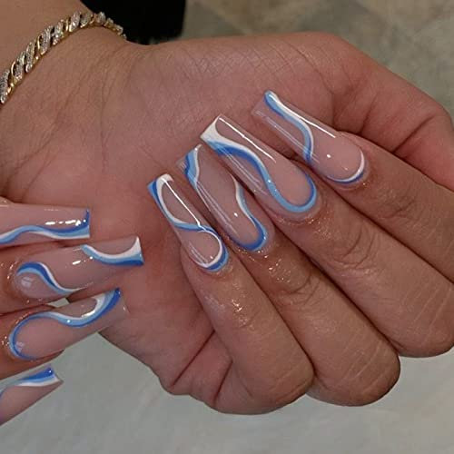 AKOFIC 24 Pièces Faux Ongles Français Long, Cercueil Faux Ongles avec Colle à Ongles, Press On Nails Faux Ongles à Coller Nail Art pour Femme et Fille (Bleu Blanc Ondulation)