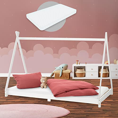 ML-Design Kinderbett Tipi 90x200 cm Weiß mit Matratze H:16cm, Lattenrost, Indianer Bett aus Kiefernholz, Hausbett für Mädchen/Jungen, Bodenbett Kinderhaus Jugendbett Holzbett Bettenhaus Spielbett Zelt