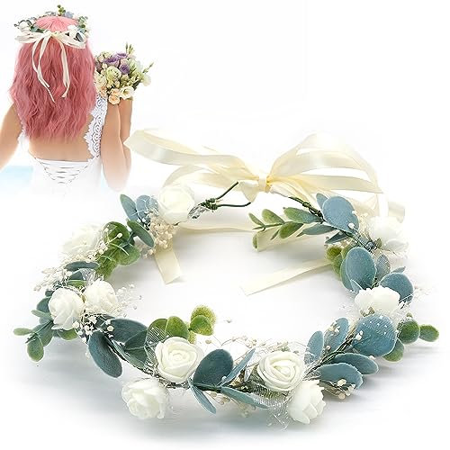 Corona Flores Mujer, Diadema de Flores Mujer Eucalyptus Diadema Florales Dama de Honor de la Flor Tocado para Bodas Comunion Party Festival