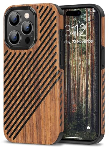 TENDLIN Kompatibel mit iPhone 15 Pro Max Hülle Holz und Leder Hybrid Handyhülle (Rotes Sandelholz)