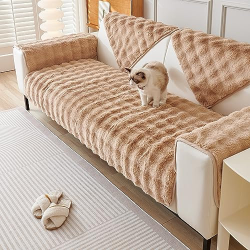 Rosnek Couch überwurf,Plüsch Superweich Sofaüberwurf rutschfest Sofabezug Sofaüberwurf Verdicktes Dekoration Für 2 3 Sitzer Sofa,2er 3er Sofa mit Armlehne,90x210 cm,Kamel