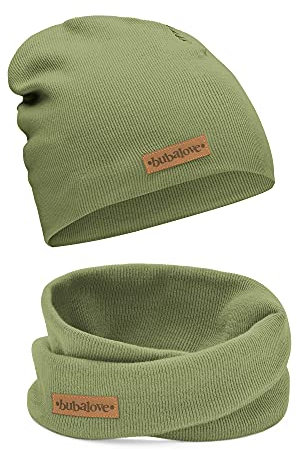 Bubalove Mützen und Schals für Jungen, Mädchen, Babys, Größen 1 Jahr bis 8 Jahre+ viele Farben, Baumwolle Kinderset Mütze und Schornstein, Baumwollmützen, (Oliv, 4-8 Jahre (46-52 cm))