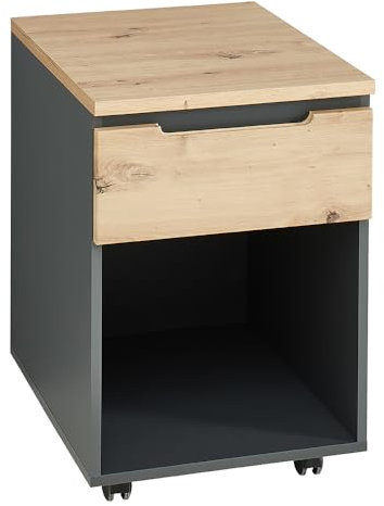 Lomadox Rollcontainer mit 1 Schublade, Graphit mit Eiche
