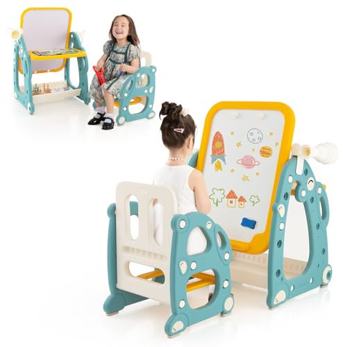 COSTWAY 4 in 1 Staffelei mit Stuhl, Standtafel höhenverstellbar mit 3-stufig verstellbarem Whiteboard, Teleskop & Ringwurfspiel, Kindertafel mit Malzubehör & Radierer für 1-8 Jahren Kinder